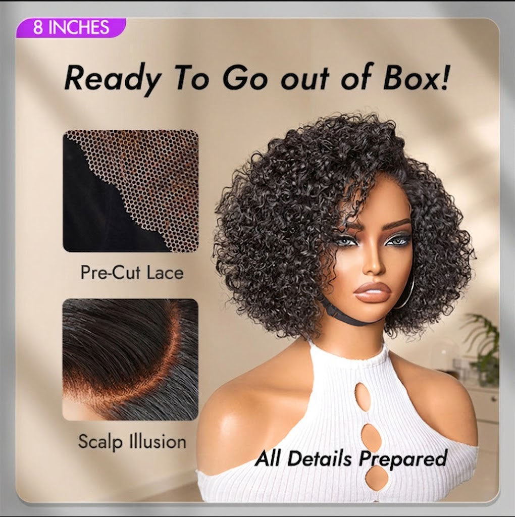 Trendy Short Cut Curly Minimalist HD Lace Glueless Side Part Wig 100% Human Hair Pre-Cut Lace