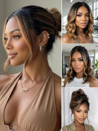 Klaiyi Balayage Brown French Bob Wig Shoulder-Length Loose Curls 7x5 & 13x4 Pre-Everything Glueless Lace with Invisi Drawstring