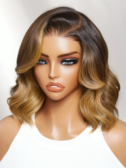 Klaiyi Balayage Brown French Bob Wig Shoulder-Length Loose Curls 7x5 & 13x4 Pre-Everything Glueless Lace with Invisi Drawstring