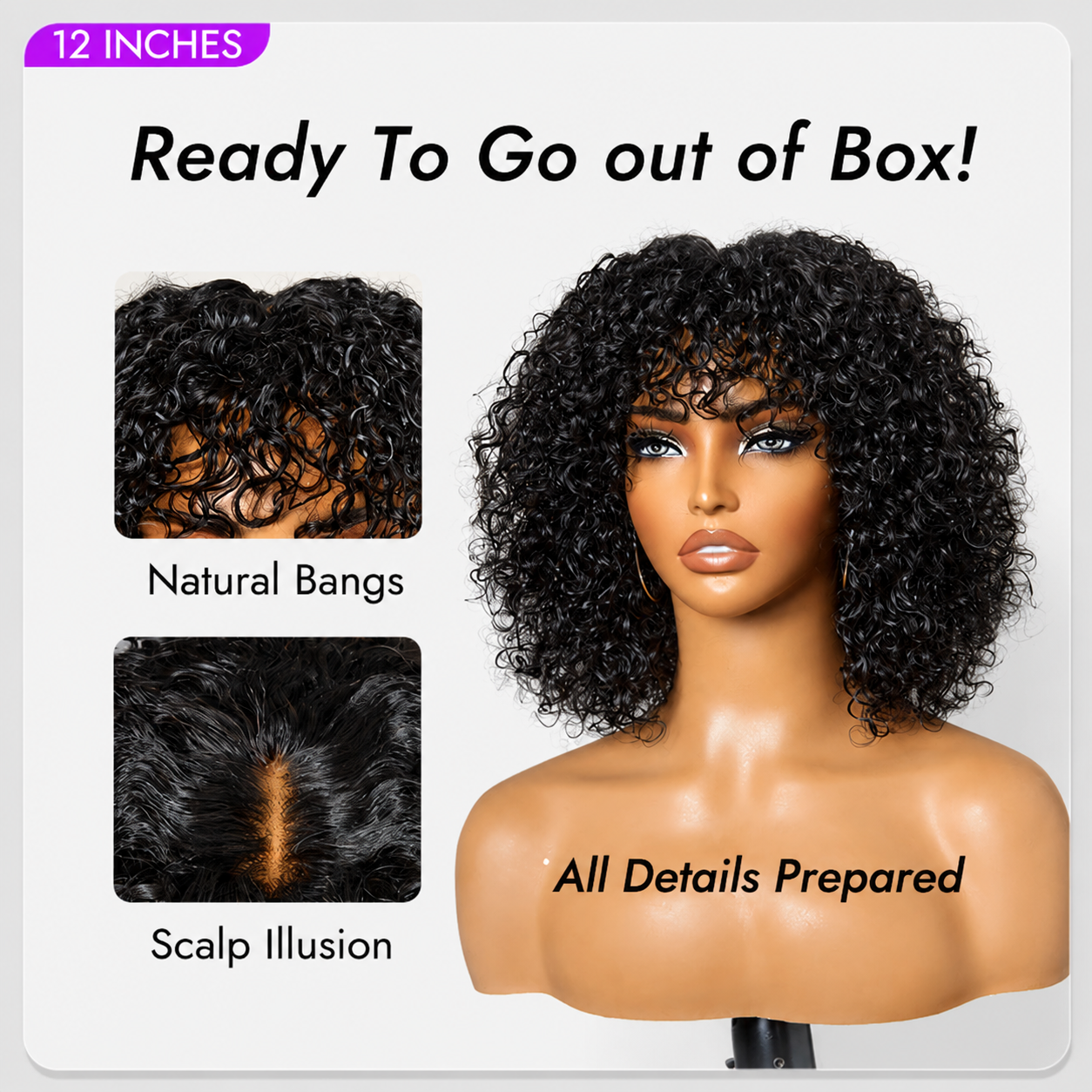 Beginner Friendly Water Wave Minimalist Lace Glueless Short Curly Wig with Bangs