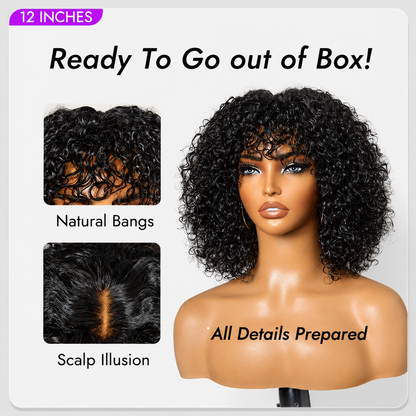 Beginner Friendly Water Wave Minimalist Lace Glueless Short Curly Wig with Bangs