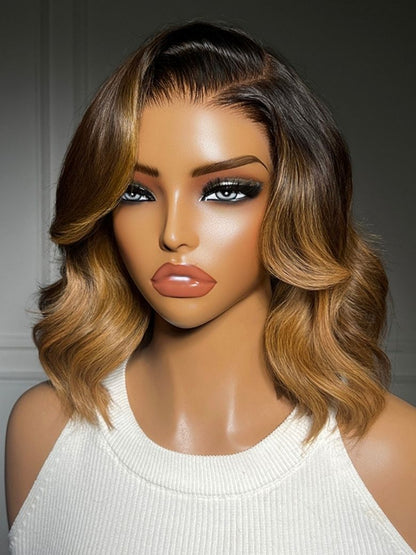 Klaiyi Balayage Brown French Bob Wig Shoulder-Length Loose Curls 7x5 & 13x4 Pre-Everything Glueless Lace with Invisi Drawstring
