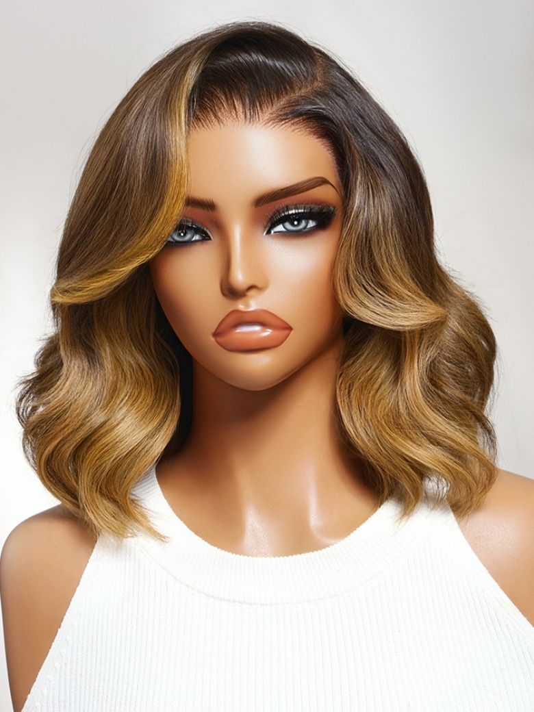 Klaiyi Balayage Brown French Bob Wig Shoulder-Length Loose Curls 7x5 & 13x4 Pre-Everything Glueless Lace with Invisi Drawstring