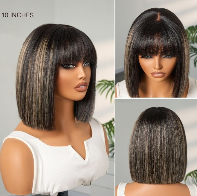 Put On and Go Realistic Glueless Yaki Straight Bob with Bangs Minimalist Lace Wig 100% Human Hair
