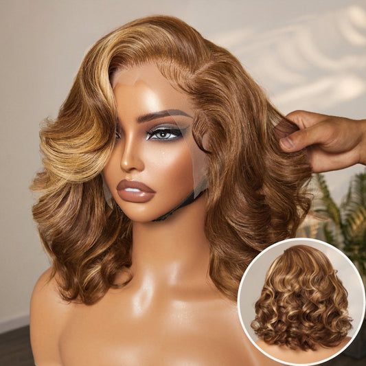 PreMax Wigs - Honey Brown with Blonde Highlights / Natural Black Bouncy Body Wave Glueless 13x4 Frontal Lace Human Hair Wig