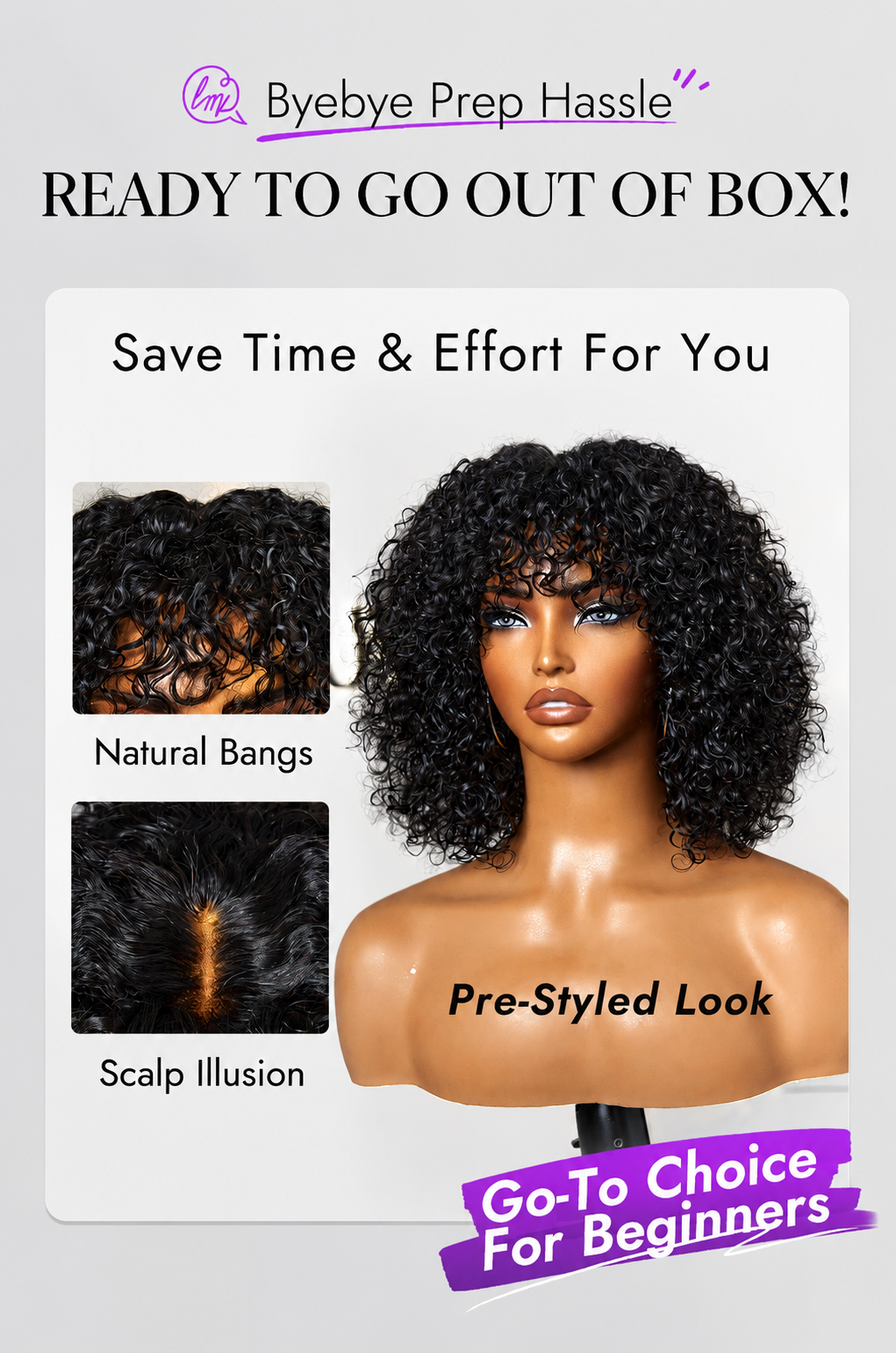 Beginner Friendly Water Wave Minimalist Lace Glueless Short Curly Wig with Bangs