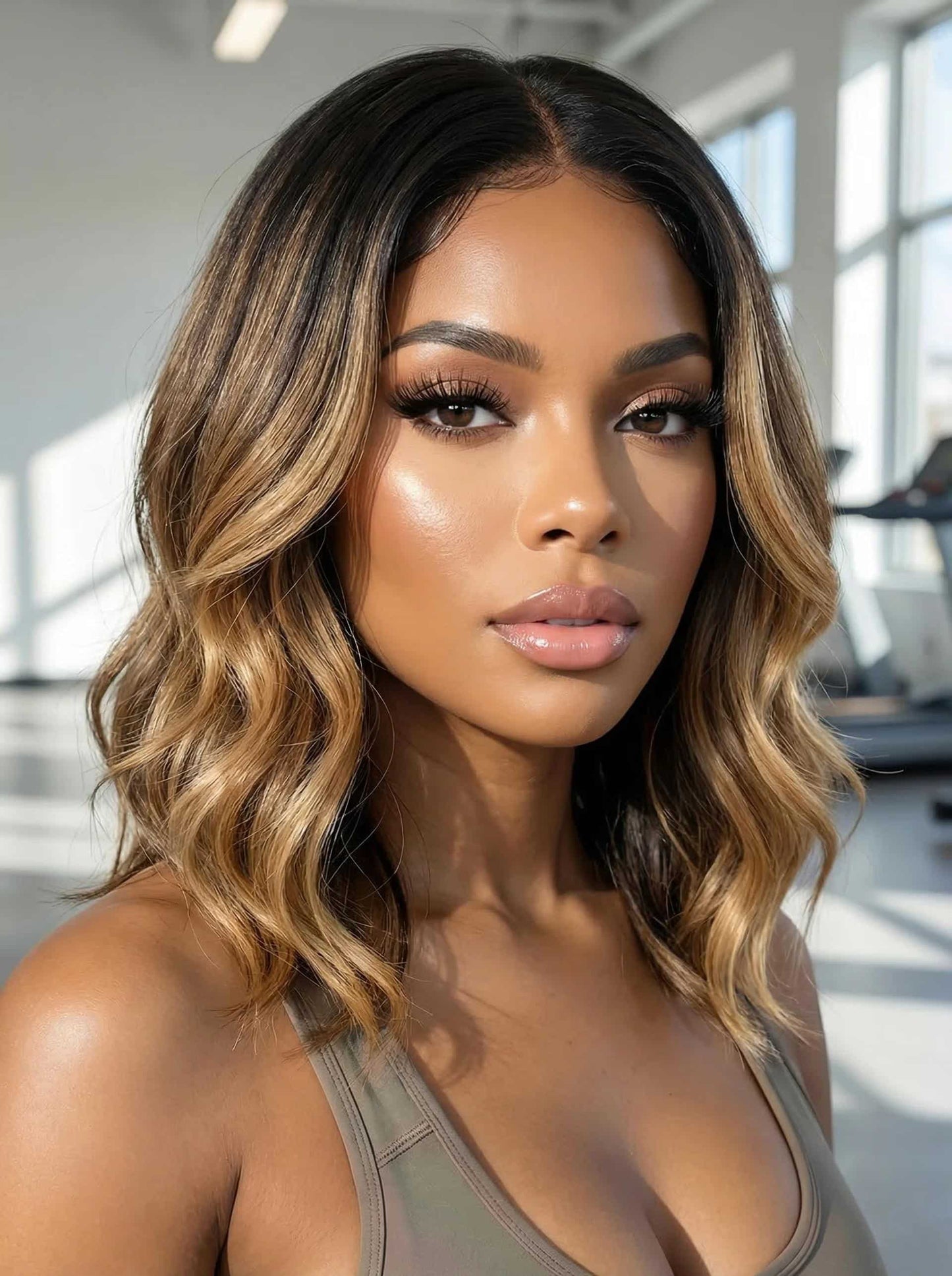 Klaiyi Balayage Brown French Bob Wig Shoulder-Length Loose Curls 7x5 & 13x4 Pre-Everything Glueless Lace with Invisi Drawstring