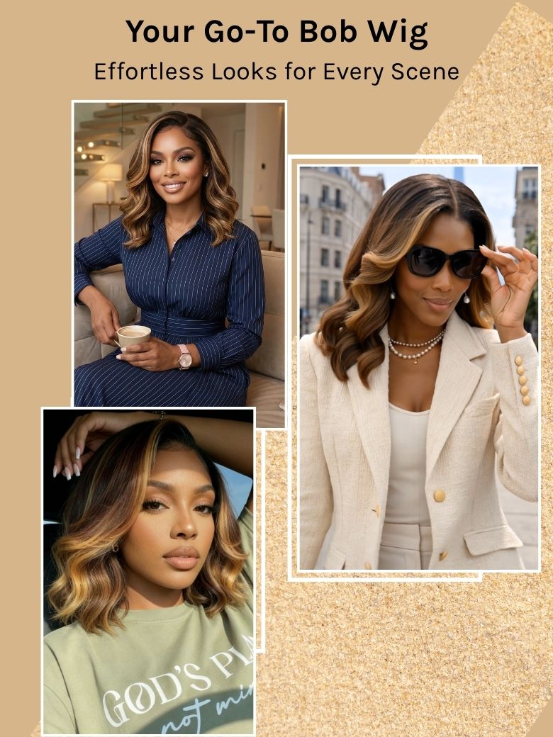 Klaiyi Balayage Brown French Bob Wig Shoulder-Length Loose Curls 7x5 & 13x4 Pre-Everything Glueless Lace with Invisi Drawstring