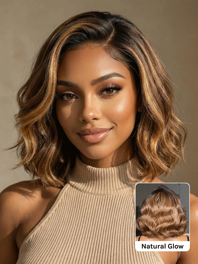 Klaiyi Balayage Brown French Bob Wig Shoulder-Length Loose Curls 7x5 & 13x4 Pre-Everything Glueless Lace with Invisi Drawstring