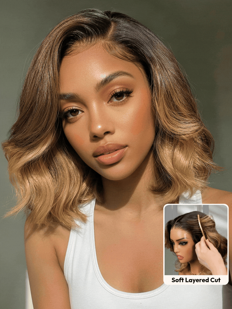 Klaiyi Balayage Brown French Bob Wig Shoulder-Length Loose Curls 7x5 & 13x4 Pre-Everything Glueless Lace with Invisi Drawstring