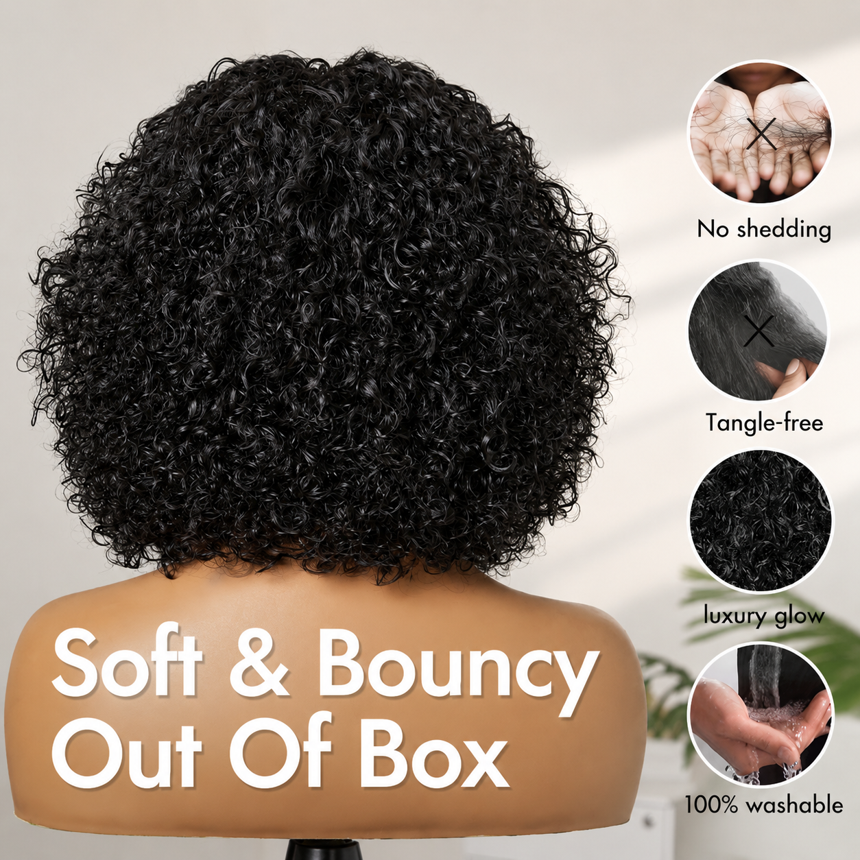 Beginner Friendly Water Wave Minimalist Lace Glueless Short Curly Wig with Bangs