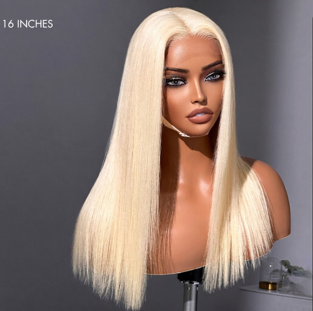 PreMax Wigs - 180% Density Easily Redyed 613 Silky Straight 5x5 Closure HD Lace Glueless Mid Part Long Wig Pre-cut & Plucked & Bleached