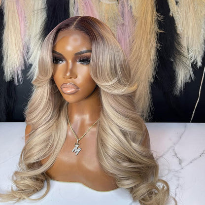 Hot Star Top 10A Raw 210% Density Professional Toned Balayage Ash Blonde HD Transparent 13x6 Lace Front Human Hair Wig Body Wave